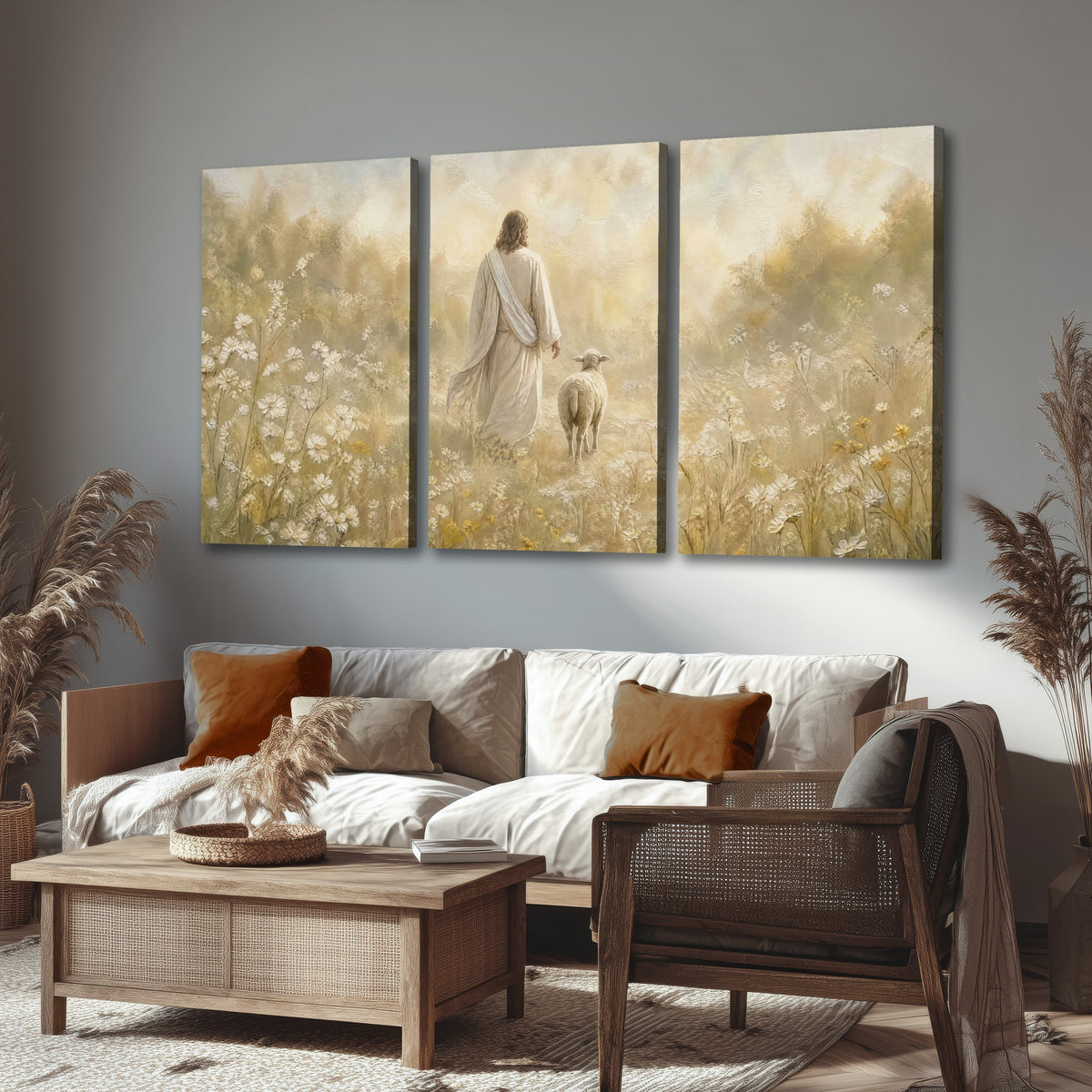 Jesus and the lamb painting 3 piece canvas wall art in a rustic living room