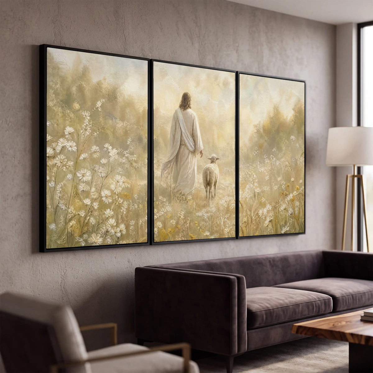 Jesus and the lamb painting 3 piece canvas wall art in a modern living room