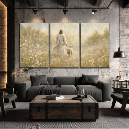 Jesus and the lamb painting 3 piece canvas wall art in an industrial loft