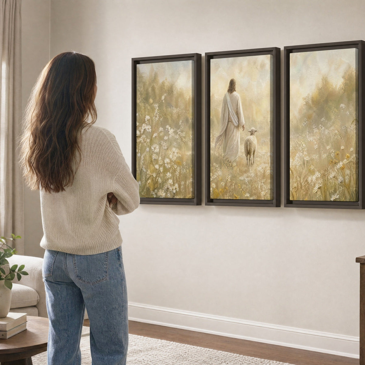 Jesus and the lamb painting 3 piece framed canvas in a living room