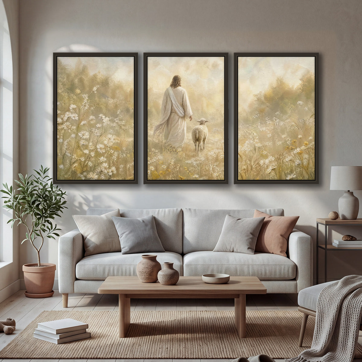 Jesus and the lamb painting 3 piece framed canvas in a bright living room