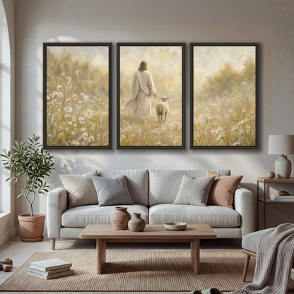 Jesus and the lamb painting 3 piece framed canvas in a bright living room