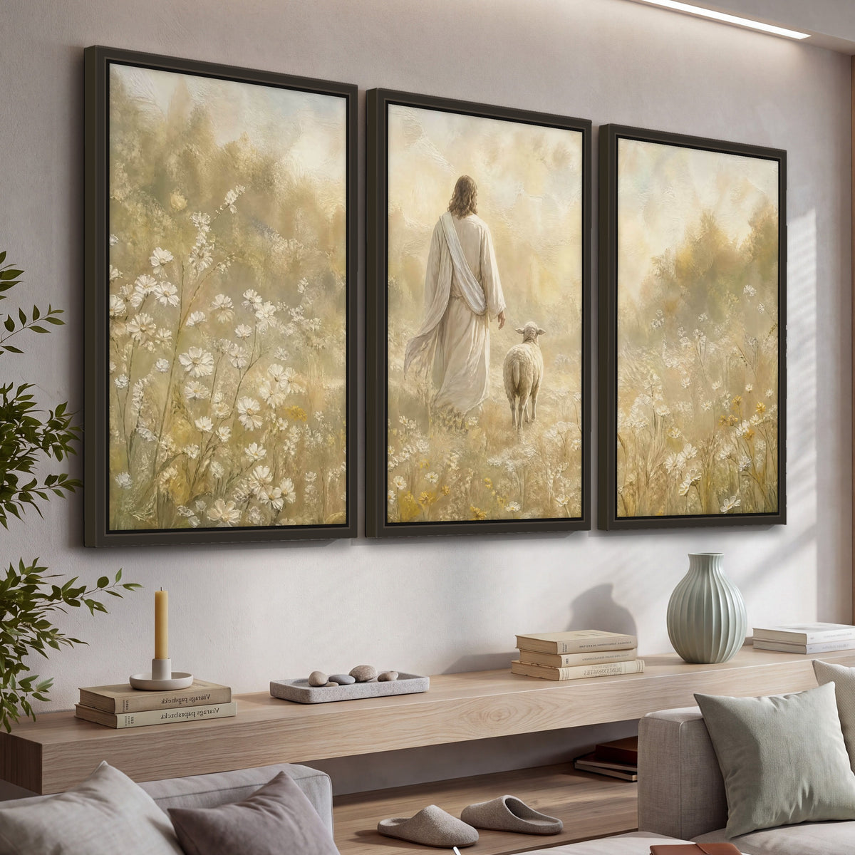 Jesus and the lamb painting 3 piece framed canvas in a living room above a console