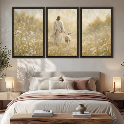 Jesus and the lamb painting 3 piece framed canvas in a bedroom above the bed