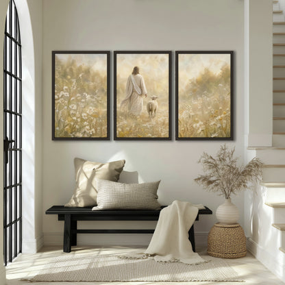 Jesus and the lamb painting 3 piece framed canvas in an entryway above a bench