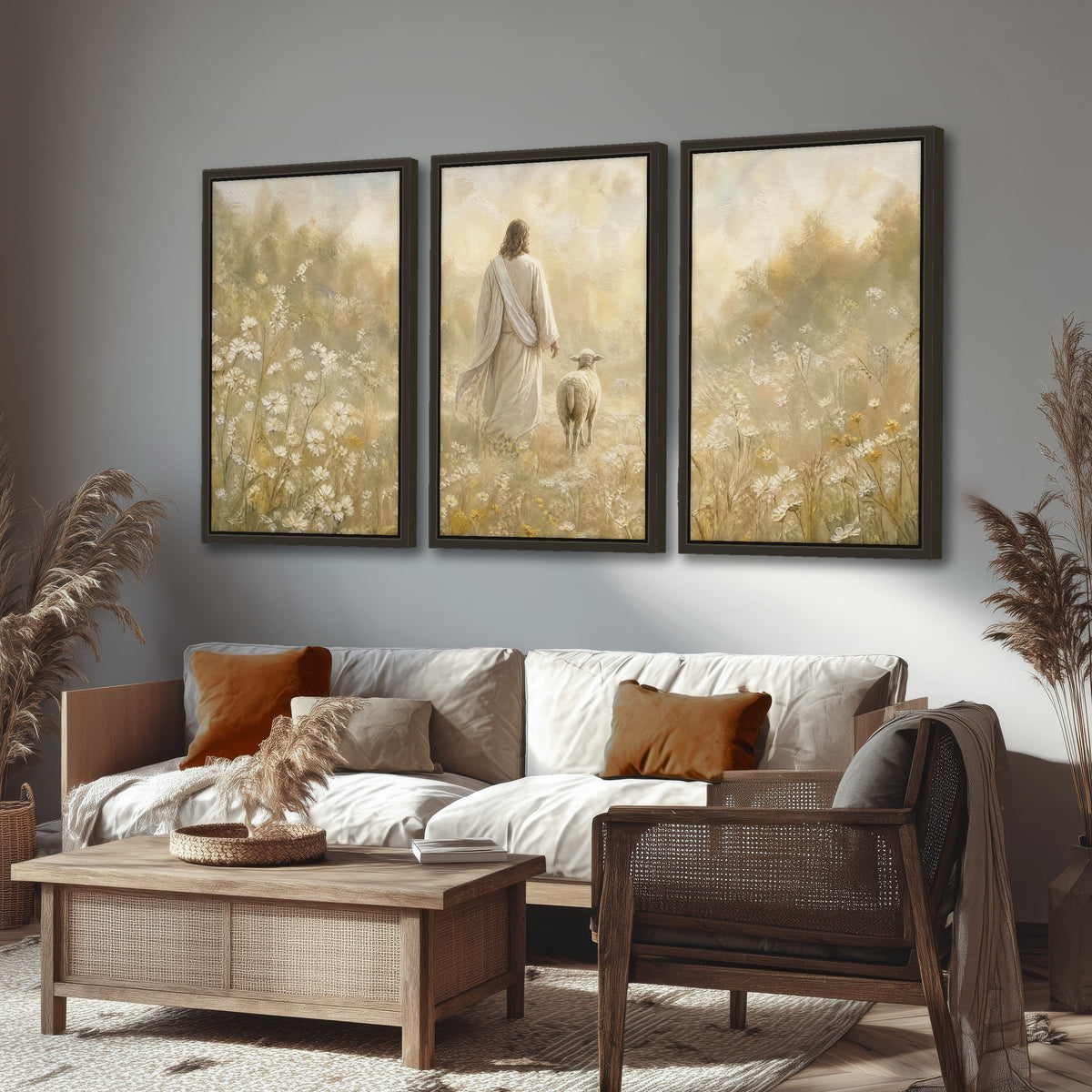 Jesus and the lamb painting 3 piece framed canvas in a rustic living room