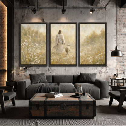 Jesus and the lamb painting 3 piece framed canvas in an industrial loft