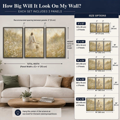 Jesus and the lamb painting 3 piece framed canvas size guide above a sofa