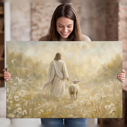 Jesus and the lamb painting canvas wall art held in hands