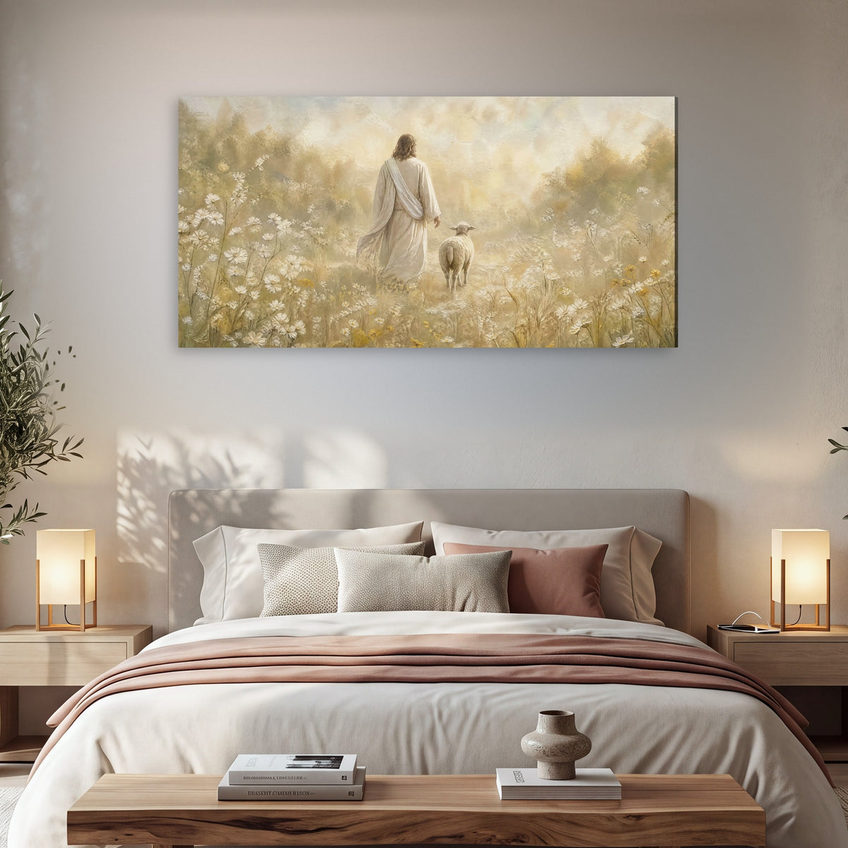 Jesus and the lamb painting canvas wall art in a bedroom above the bed