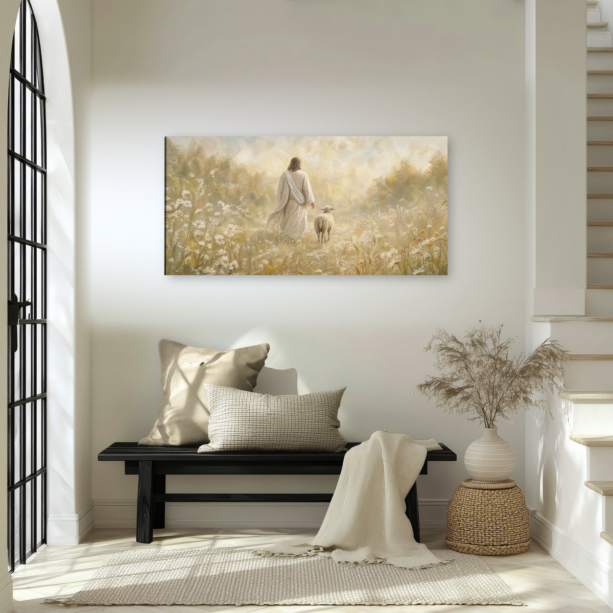 Jesus and the lamb painting canvas wall art in an entryway above a bench