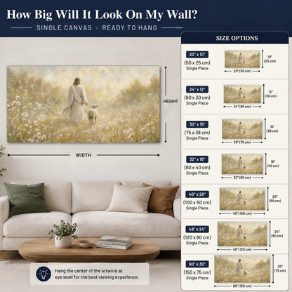 Jesus and the lamb painting canvas wall art size guide above a sofa