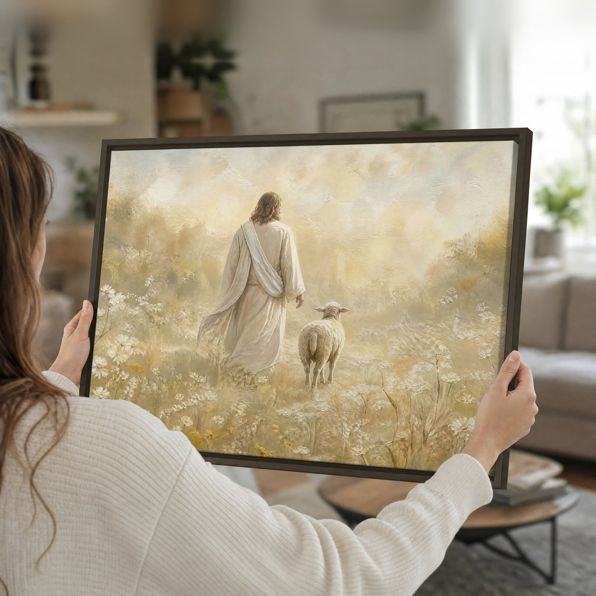 Jesus and the lamb painting framed canvas held in hands