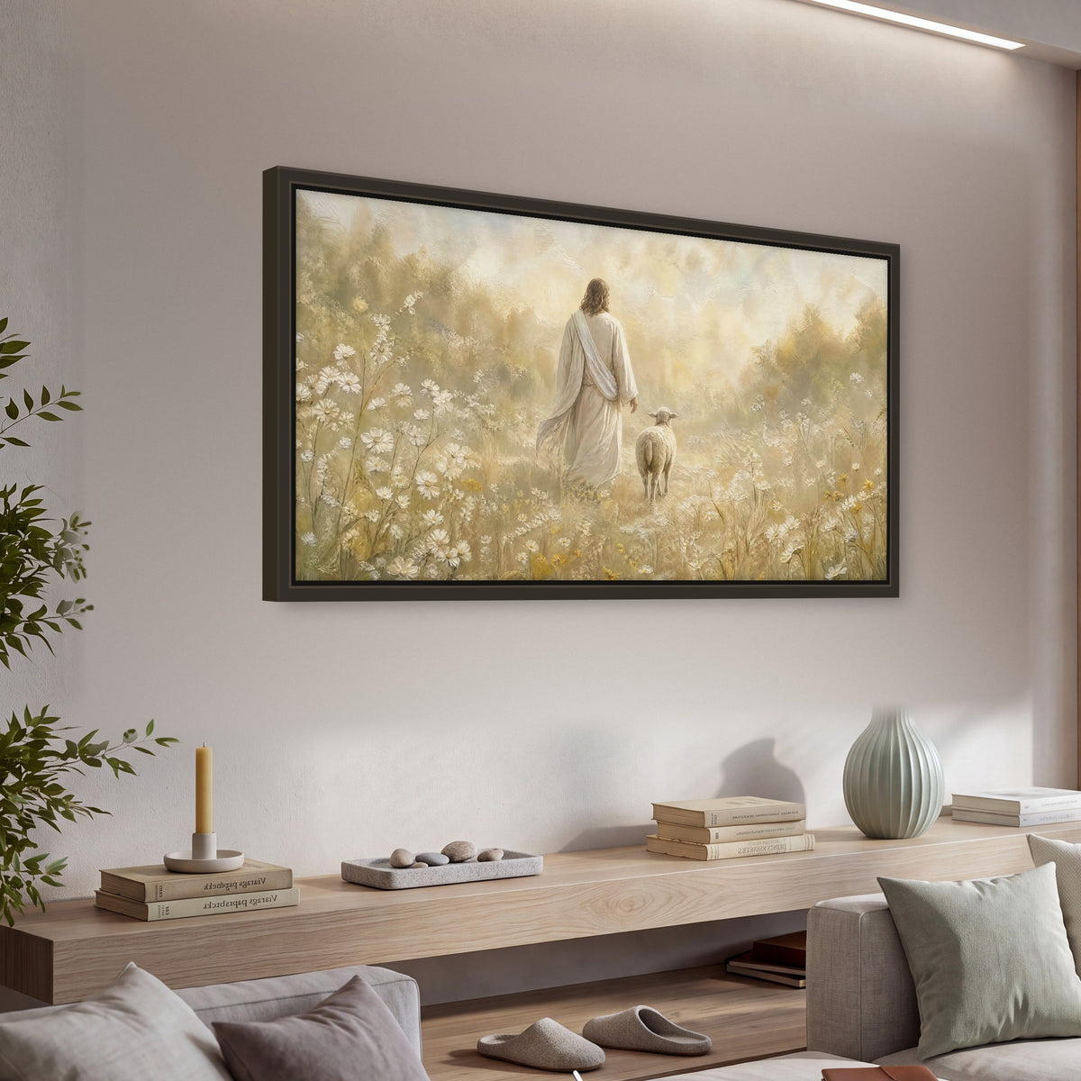 Jesus and the lamb painting framed canvas wall art in a living room above a console