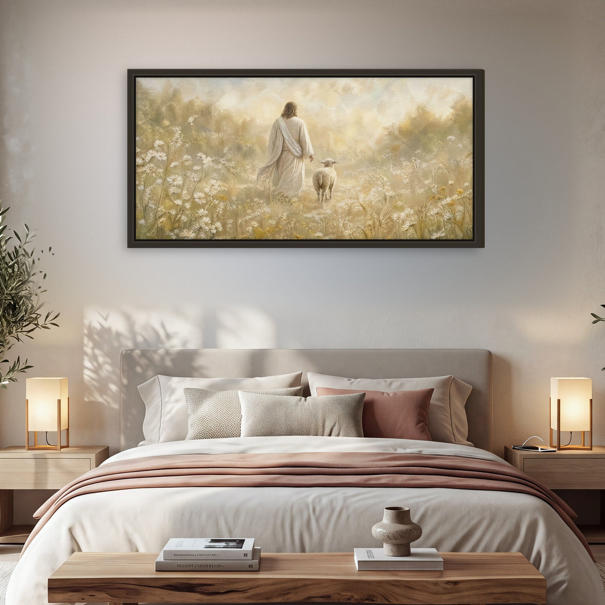 Jesus and the lamb painting framed canvas wall art in a bedroom above the bed