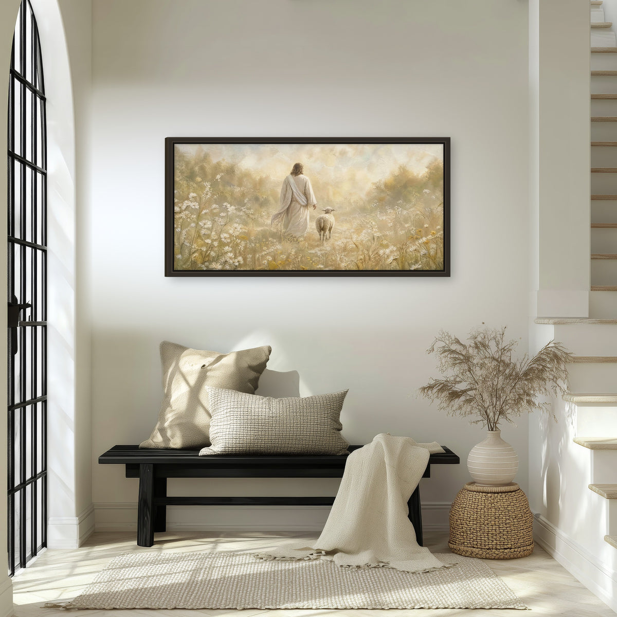 Jesus and the lamb painting framed canvas wall art in an entryway above a bench