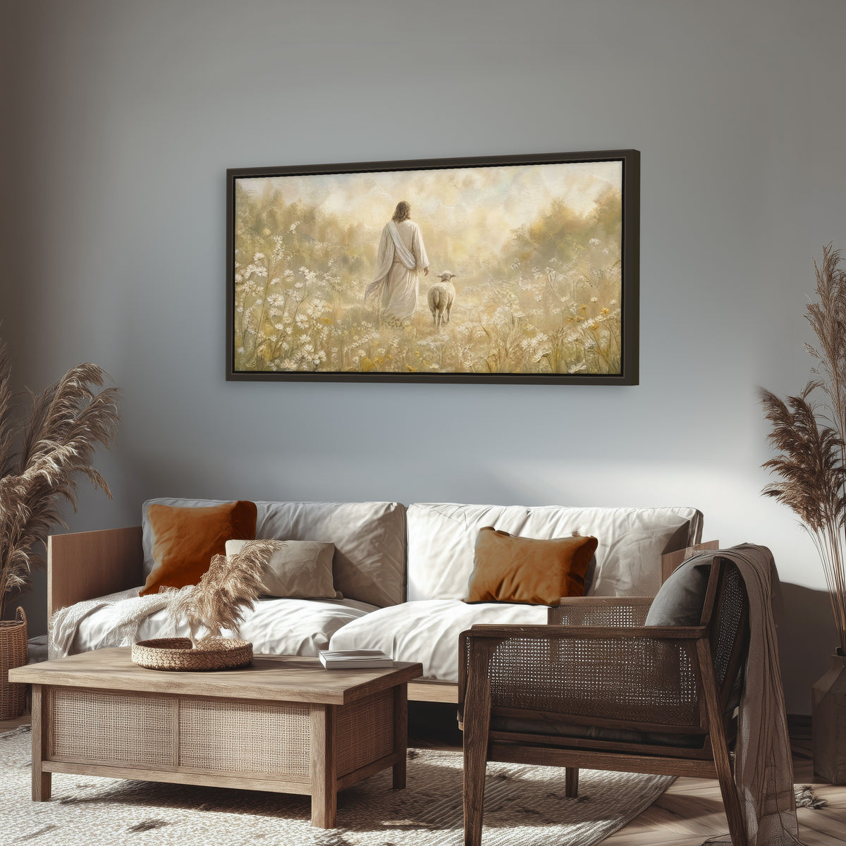 Jesus and the lamb painting framed canvas wall art in a rustic living room