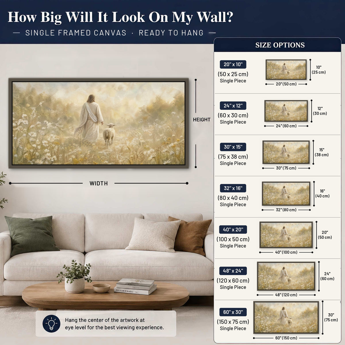 Jesus and the lamb painting framed canvas wall art size guide above a sofa