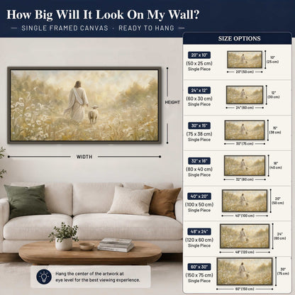 Jesus and the lamb painting framed canvas wall art size guide above a sofa