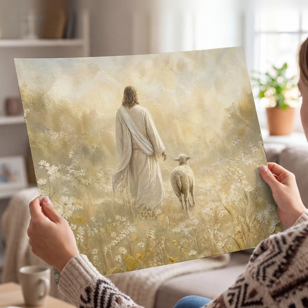 Jesus and the lamb painting poster print held in hands