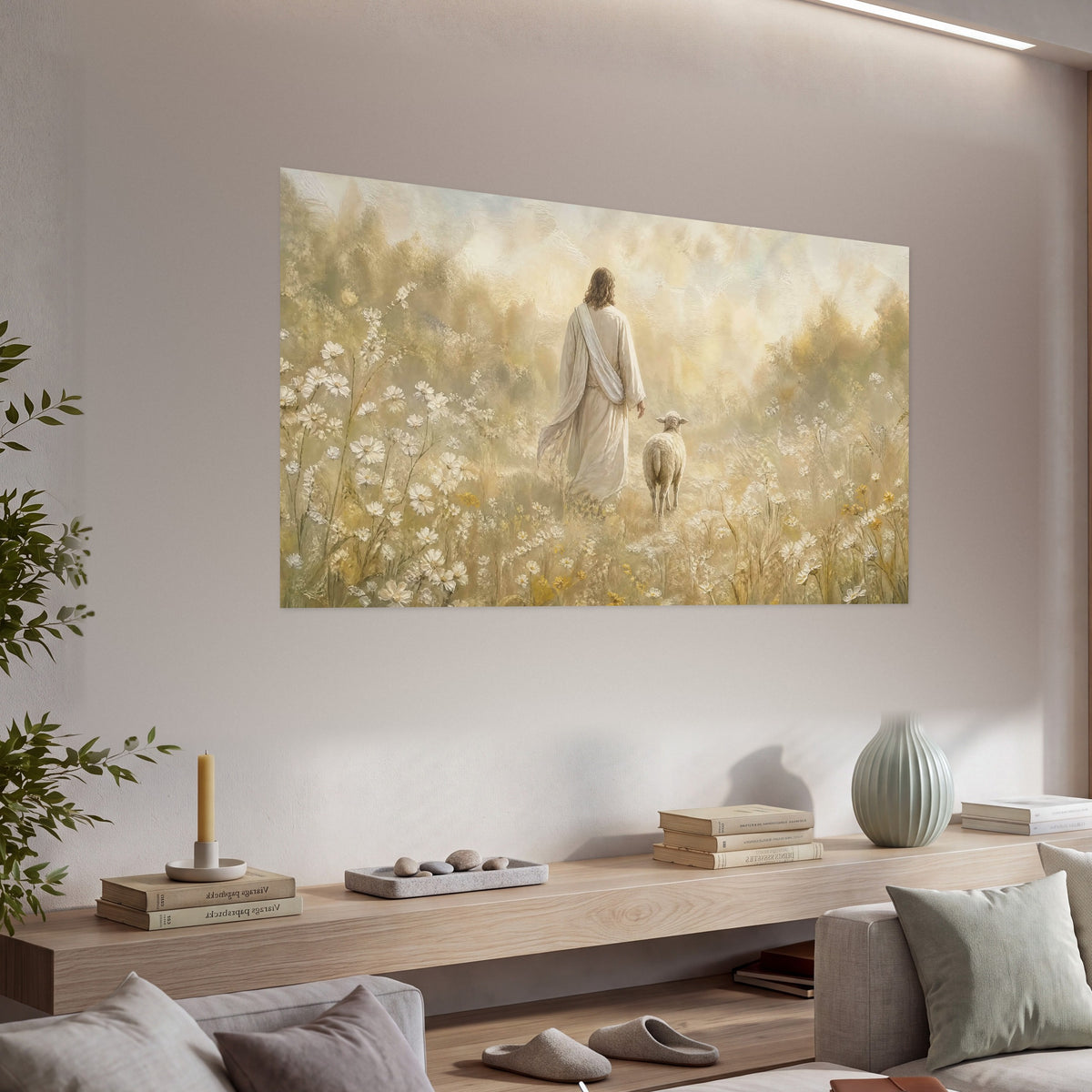 Jesus and the lamb painting poster print in a living room above a console