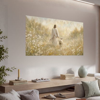 Jesus and the lamb painting poster print in a living room above a console