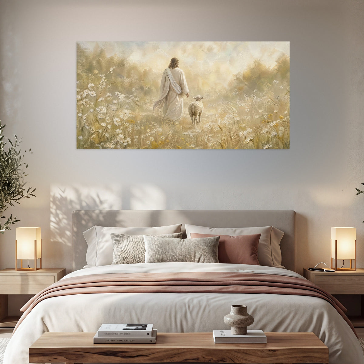 Jesus and the lamb painting poster print in a bedroom above the bed