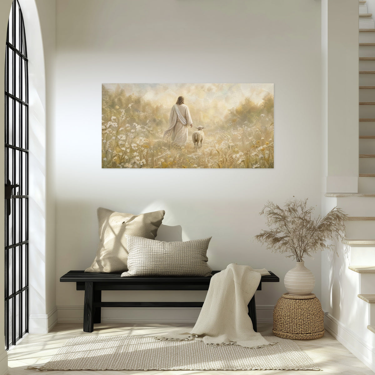 Jesus and the lamb painting poster print in an entryway above a bench