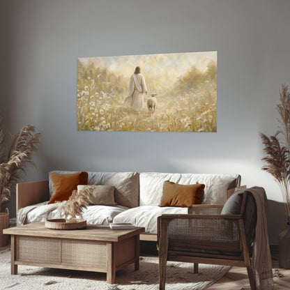 Jesus and the lamb painting poster print in a rustic living room