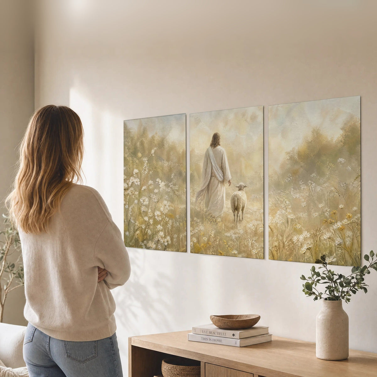 Jesus and the lamb painting set of 3 poster prints in a living room
