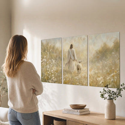 Jesus and the lamb painting set of 3 poster prints in a living room