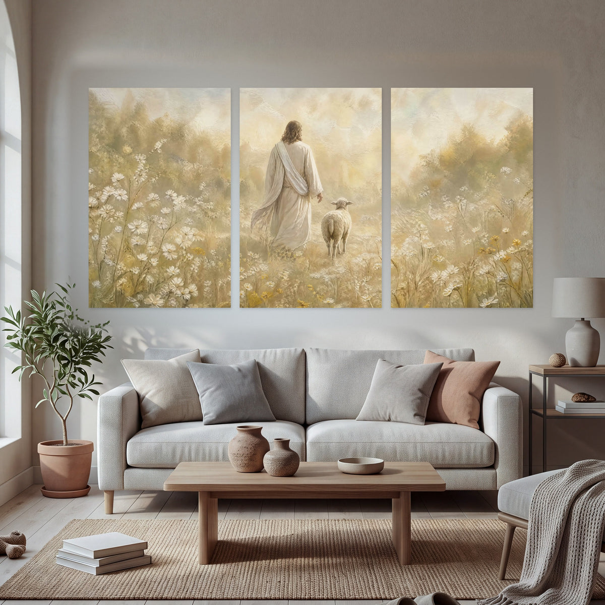 Jesus and the lamb painting set of 3 poster prints in a bright living room