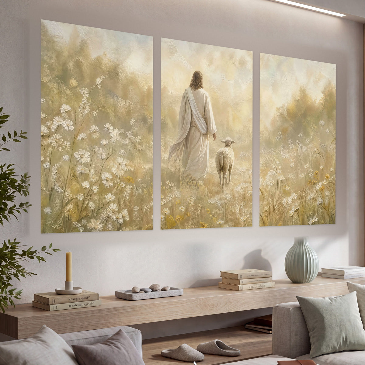 Jesus and the lamb painting set of 3 poster prints in a living room above a console