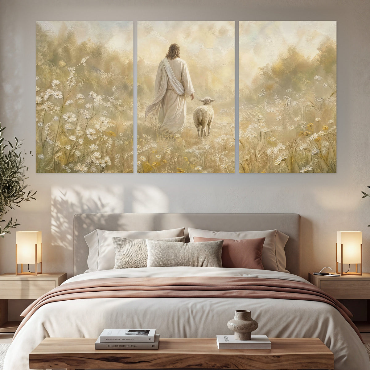 Jesus and the lamb painting set of 3 poster prints in a bedroom above the bed