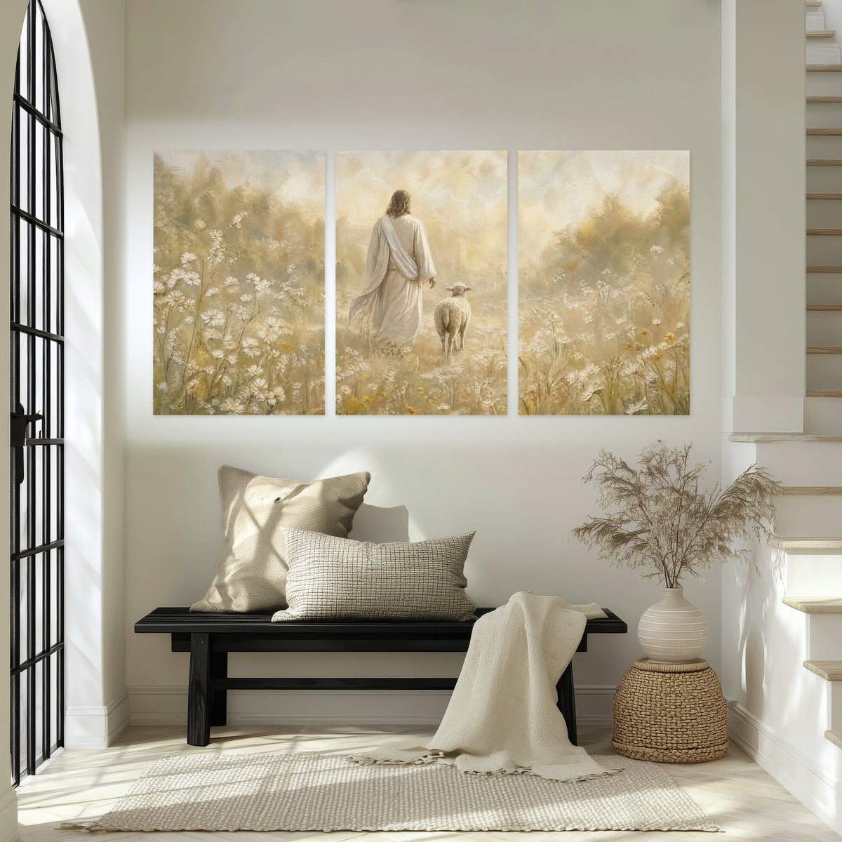 Jesus and the lamb painting set of 3 poster prints in an entryway above a bench
