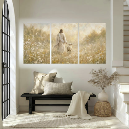 Jesus and the lamb painting set of 3 poster prints in an entryway above a bench