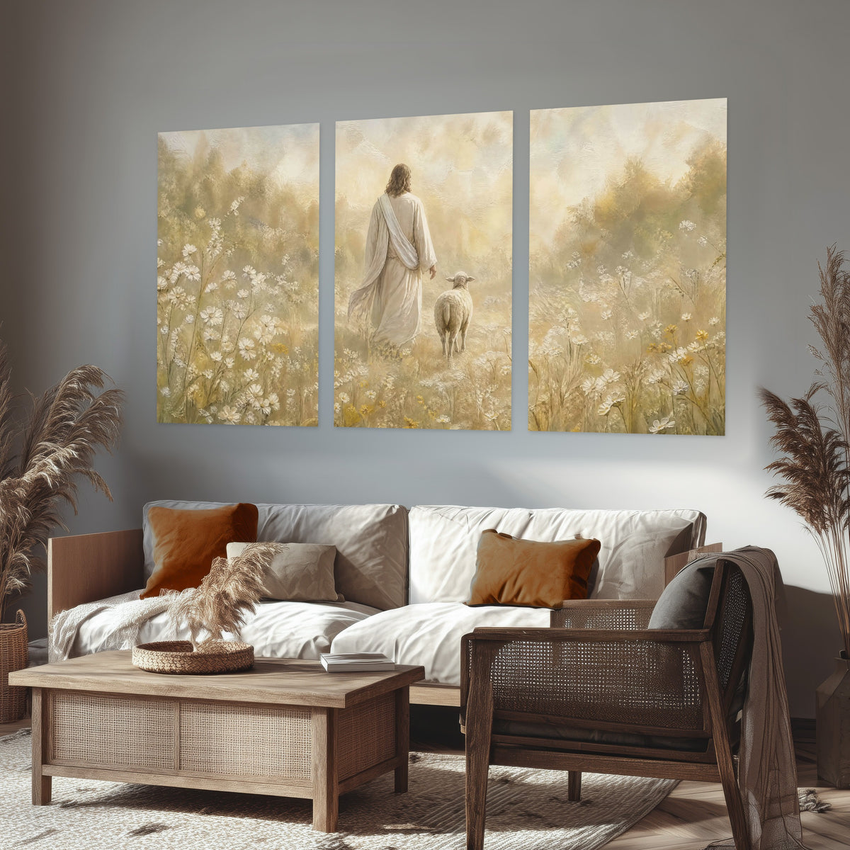 Jesus and the lamb painting set of 3 poster prints in a rustic living room