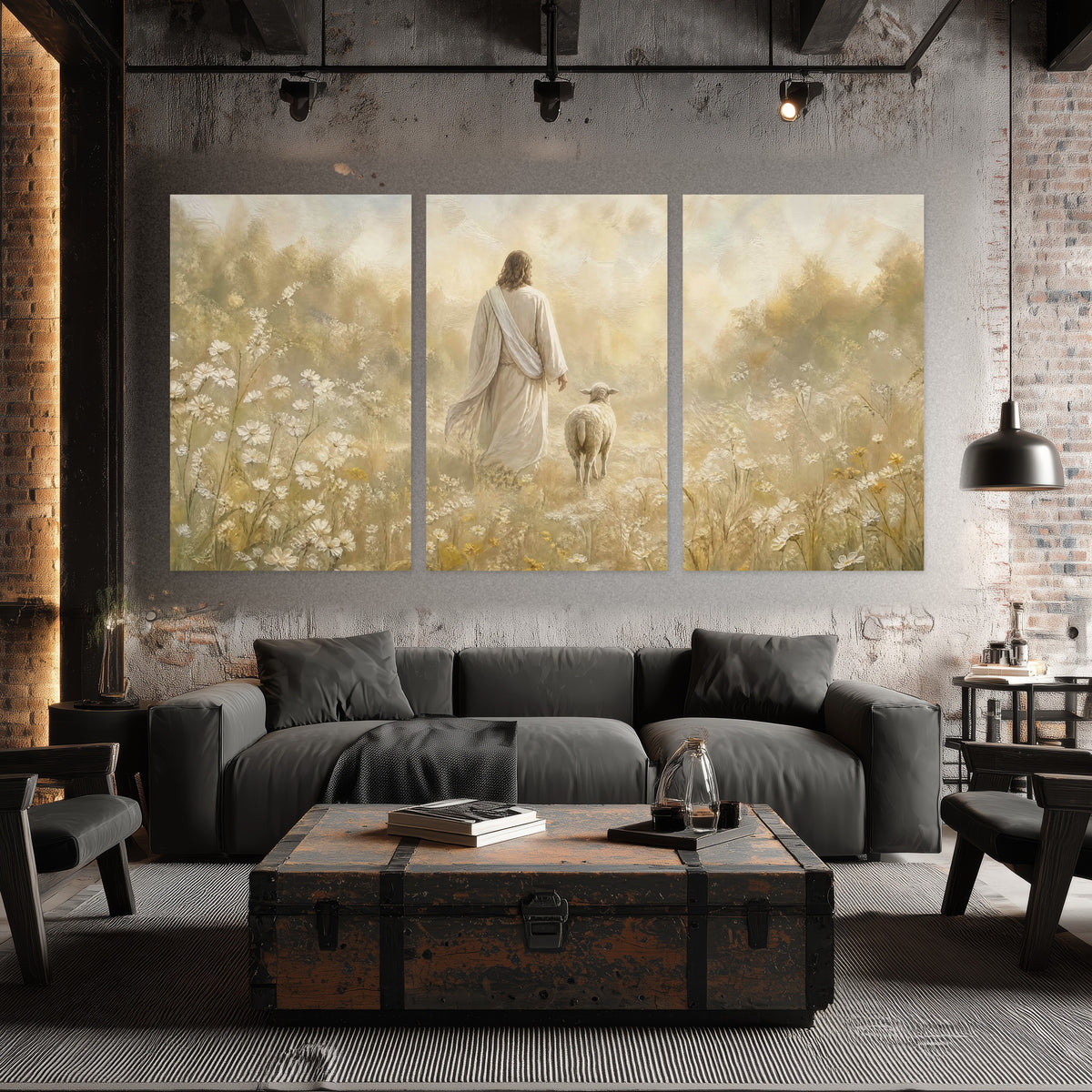Jesus and the lamb painting set of 3 poster prints in an industrial loft