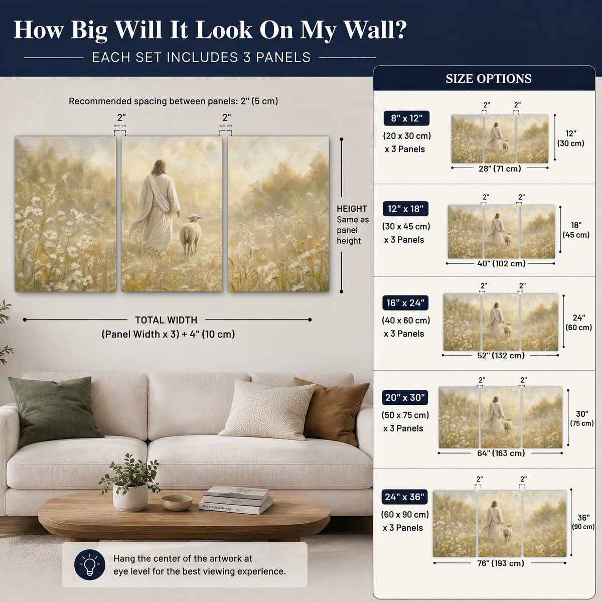 Jesus and the lamb painting set of 3 poster prints size guide above a sofa