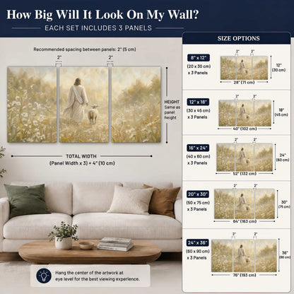 Jesus and the lamb painting set of 3 poster prints size guide above a sofa
