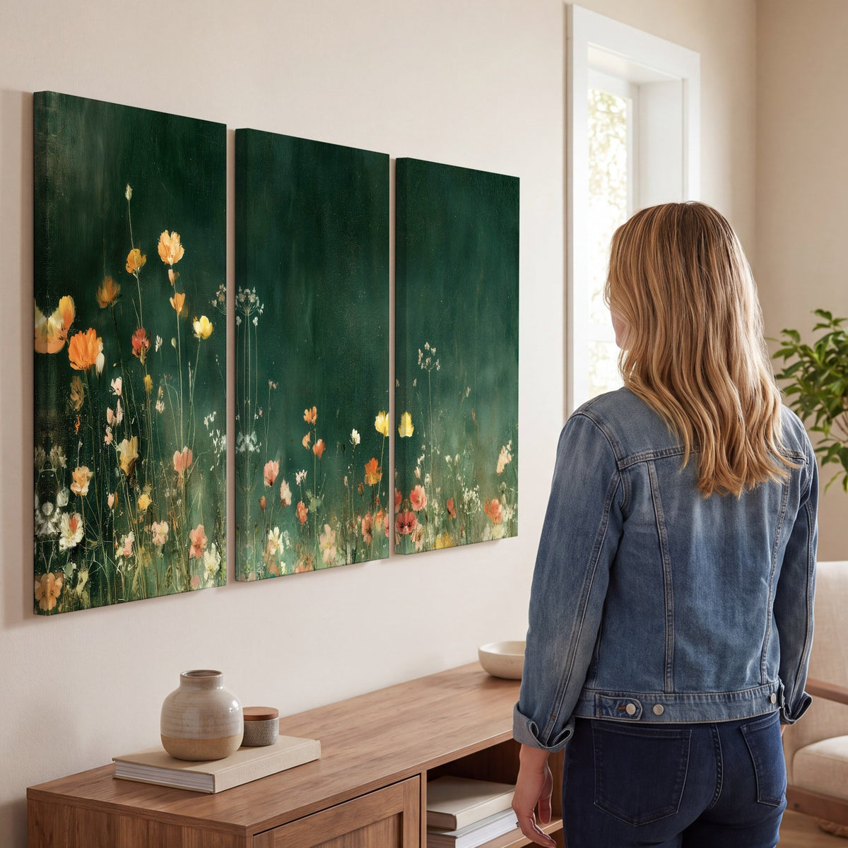 Dark green wildflower painting 3 piece canvas wall art in a living room