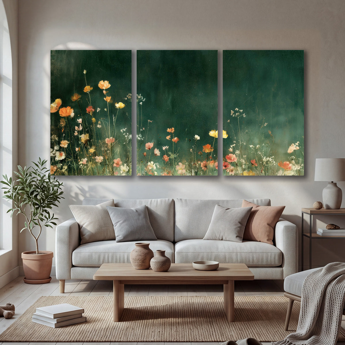 Dark green wildflower painting 3 piece canvas wall art in a bright living room
