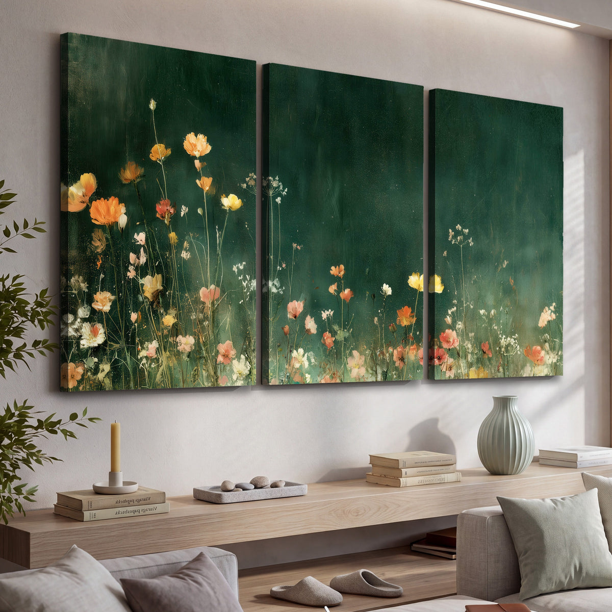 Dark green wildflower painting 3 piece canvas wall art in a living room above a console