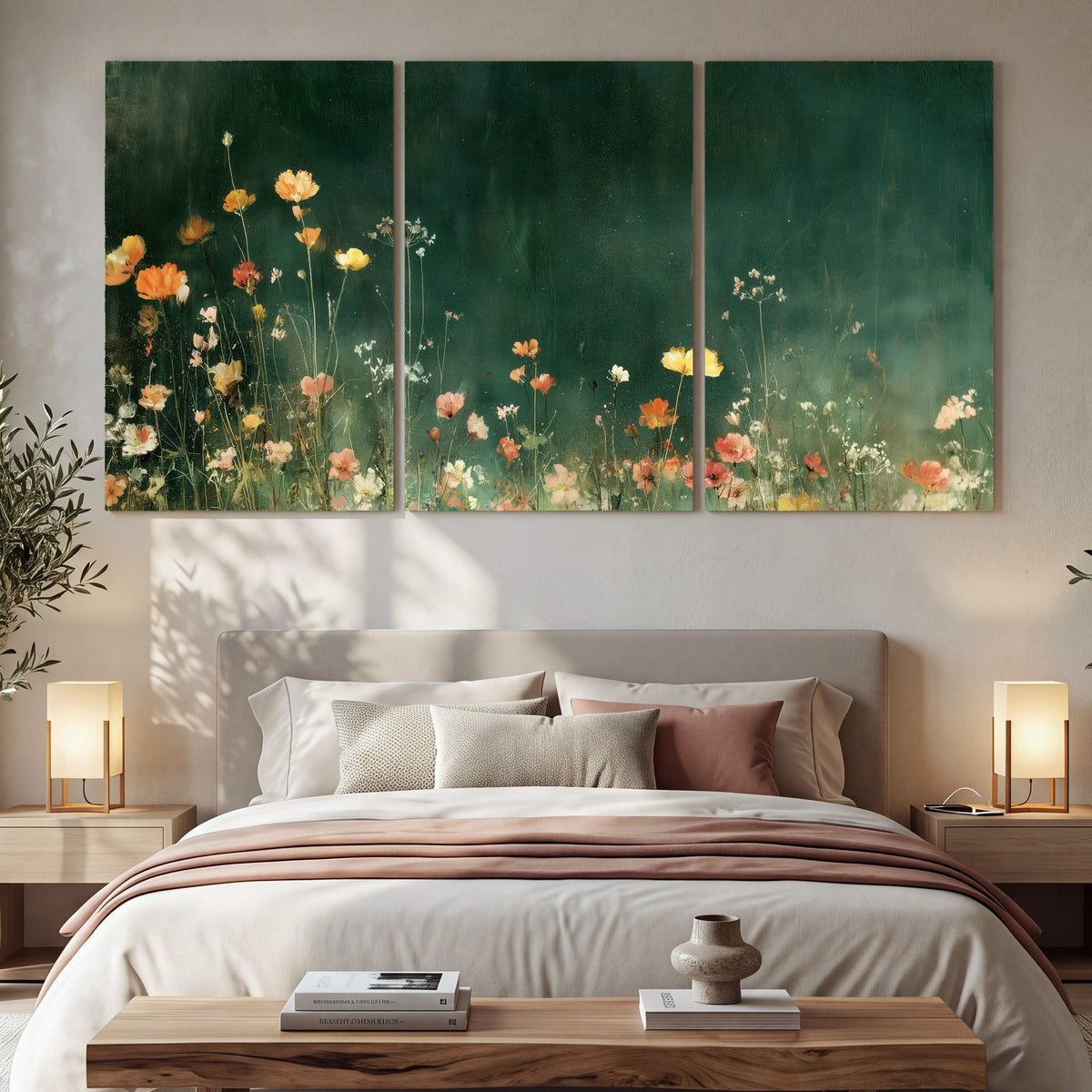 Dark green wildflower painting 3 piece canvas wall art in a bedroom above the bed