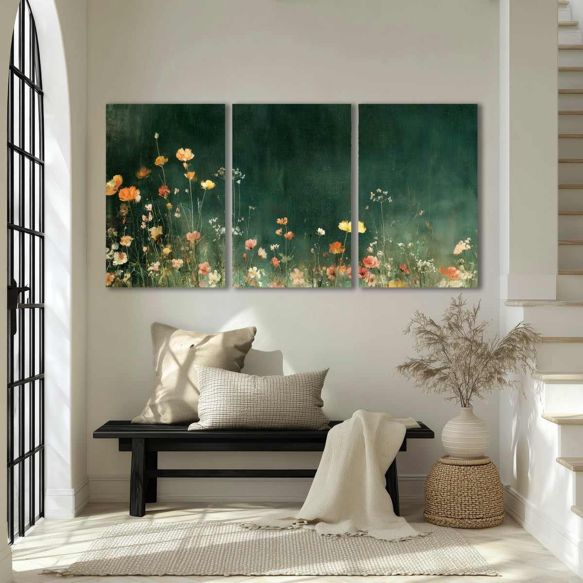 Dark green wildflower painting 3 piece canvas wall art in an entryway above a bench