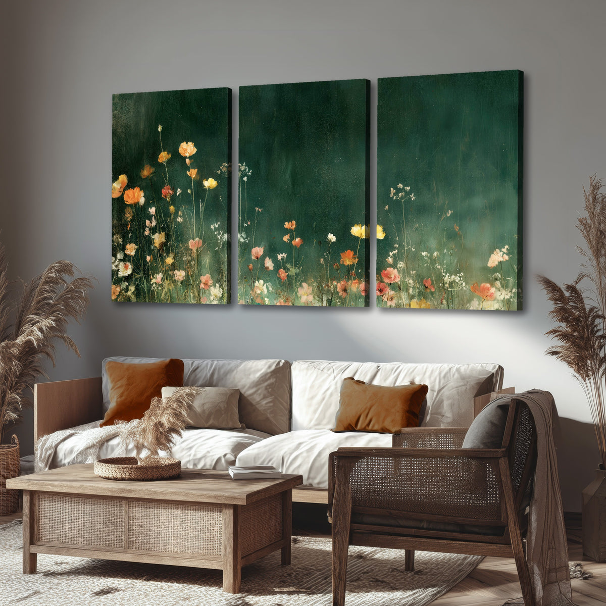 Dark green wildflower painting 3 piece canvas wall art in a rustic living room
