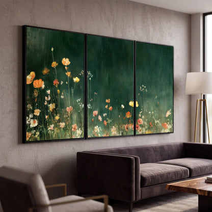 Dark green wildflower painting 3 piece canvas wall art in a modern living room