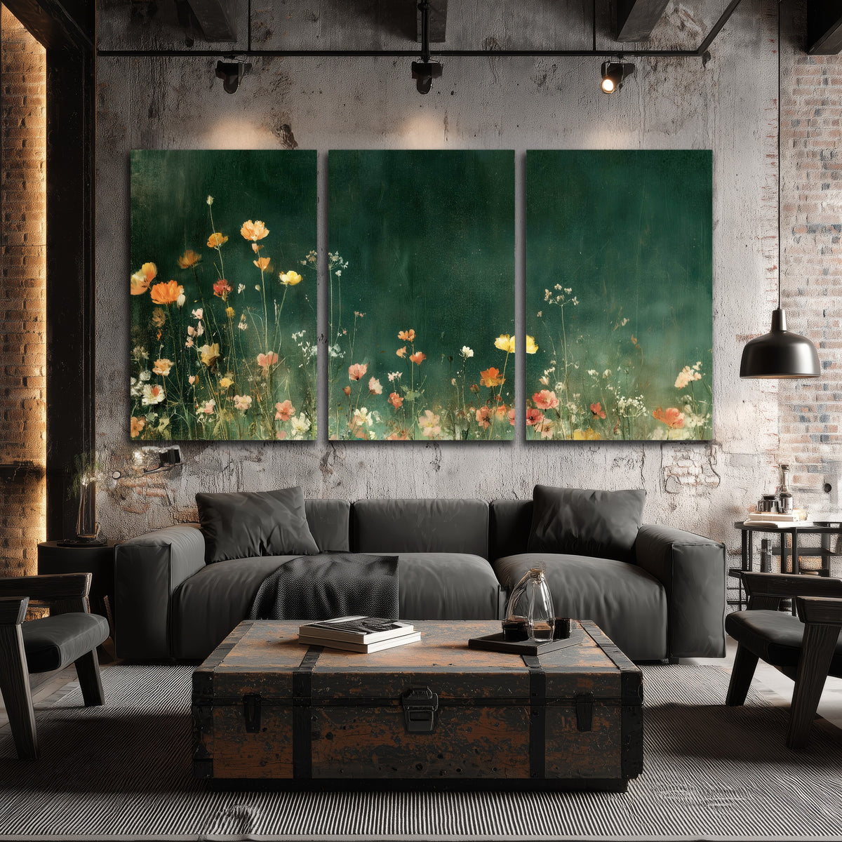 Dark green wildflower painting 3 piece canvas wall art in an industrial loft