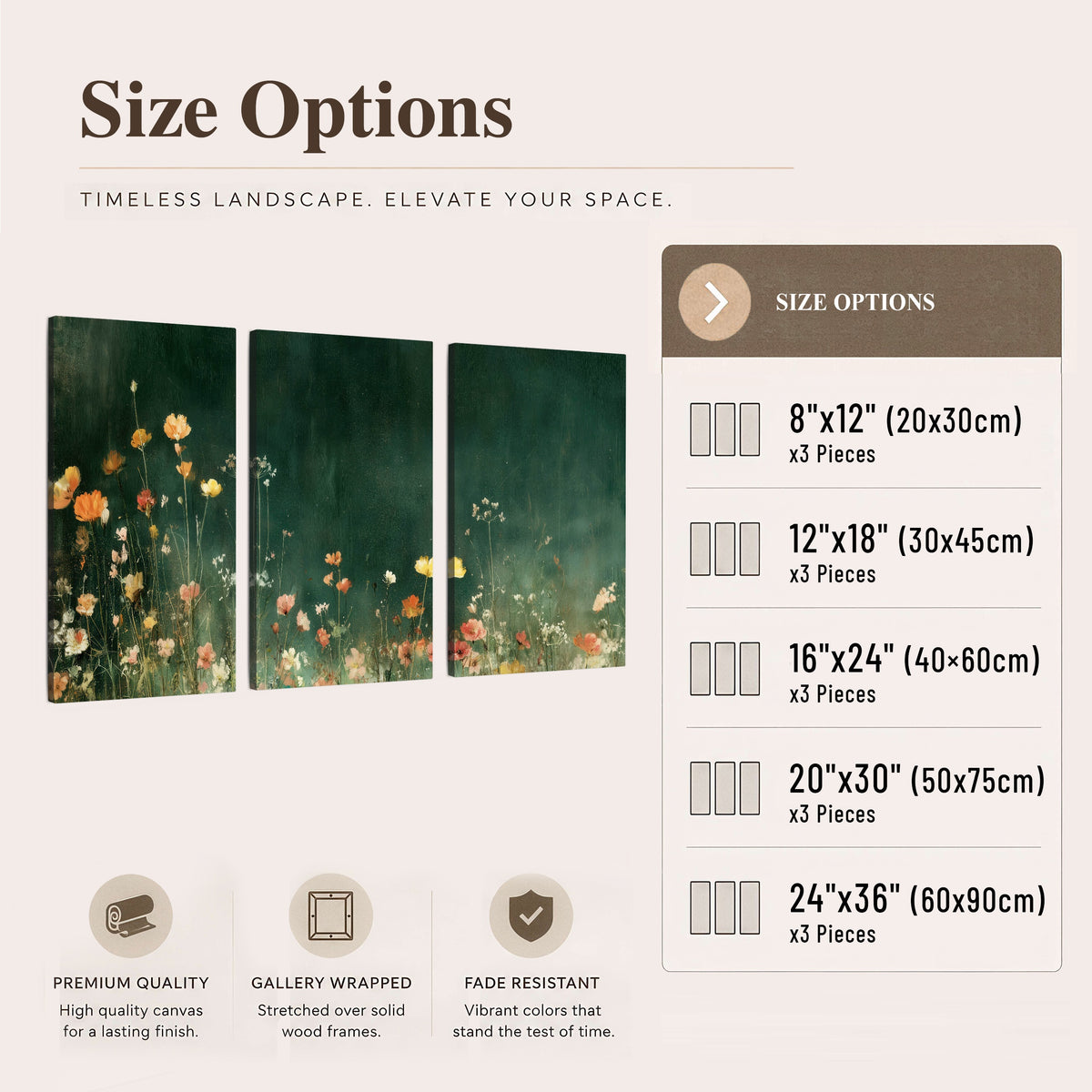 Dark green wildflower painting 3 piece canvas wall art size options