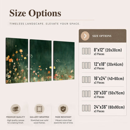 Dark green wildflower painting 3 piece canvas wall art size options